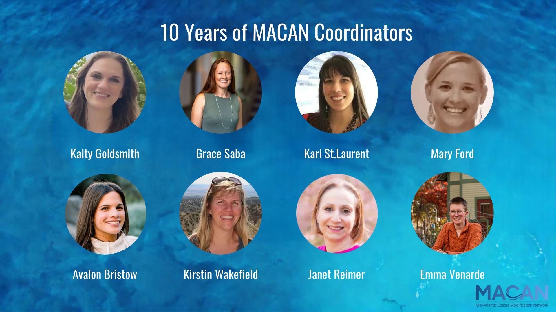 Text reading "10 Years of MACAN Coordinators" with photos of 8 faces corresponding with names: Kaity Goldsmith, Grace Saba, Karia St. Laurent, Mary Ford, Avalon Bristow, Kirstin Wakefield, Janet Reimer, and Emma Venarde.